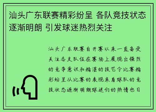 汕头广东联赛精彩纷呈 各队竞技状态逐渐明朗 引发球迷热烈关注
